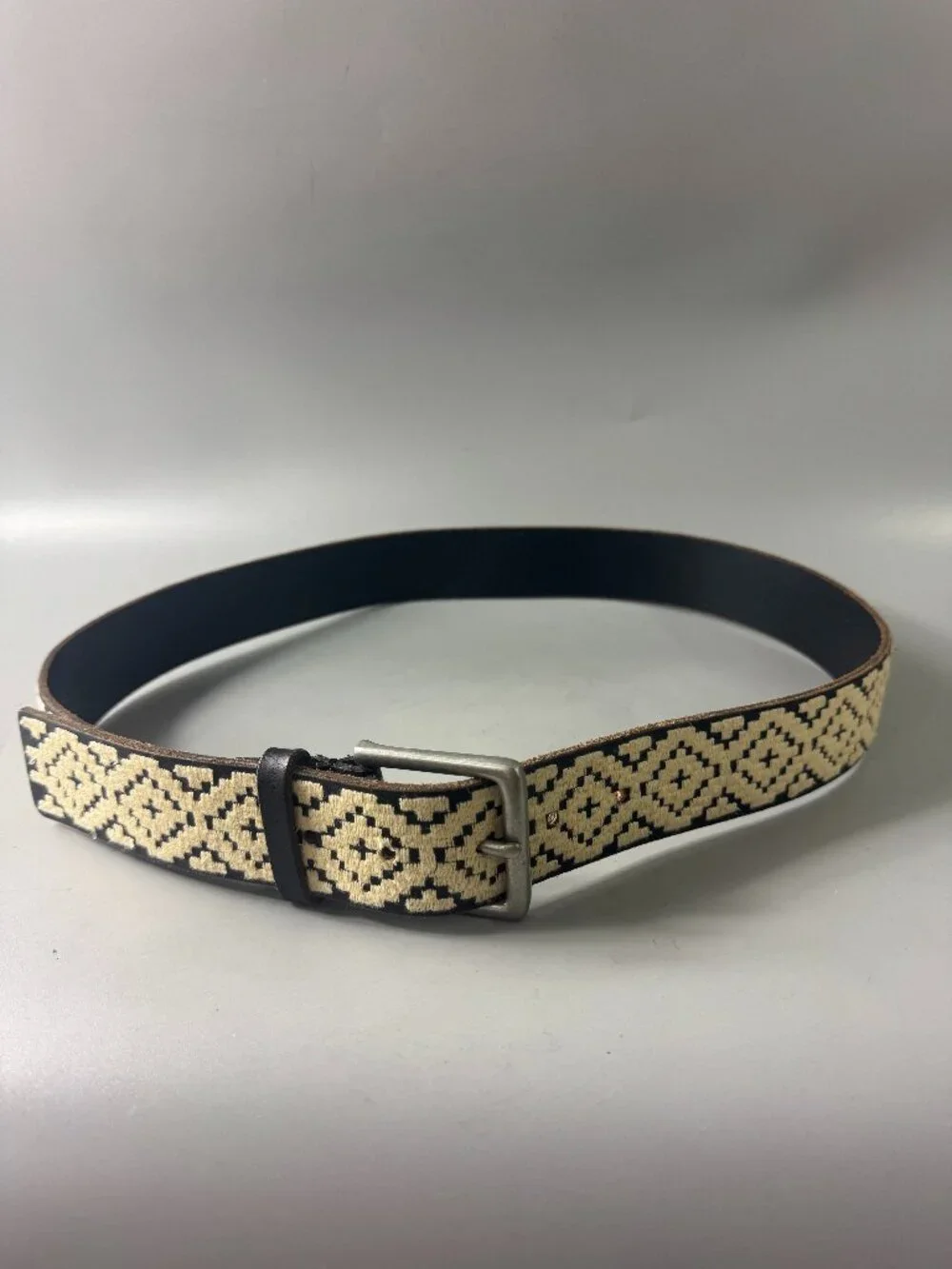 LUCKY BRAND Black Leather Embroidered Tribal Boho Women's Belt, Size M